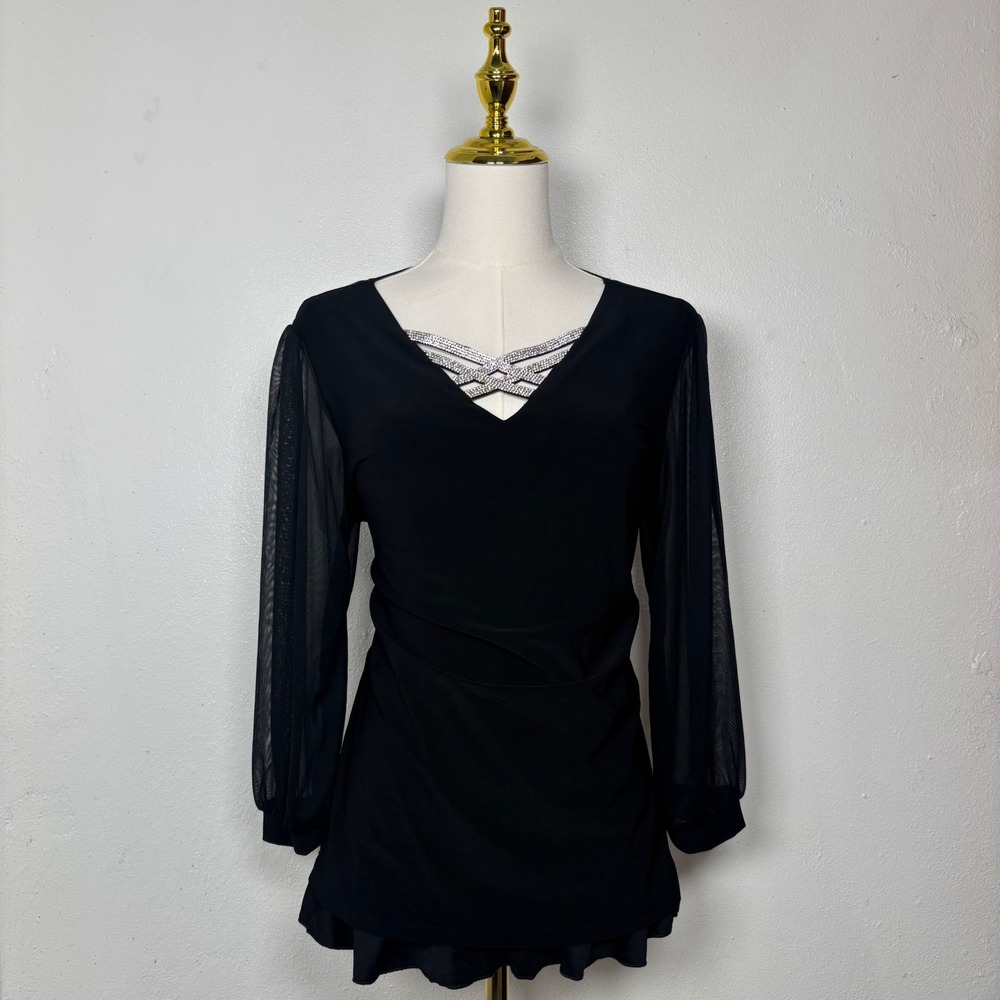 formal black long sheer sleeve rhinestone vneck blouse coquette old money office